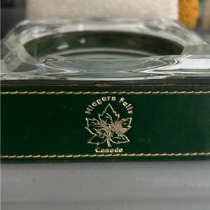 Vintage Niagara Falls Green Leather and Clear Glass Ashtray